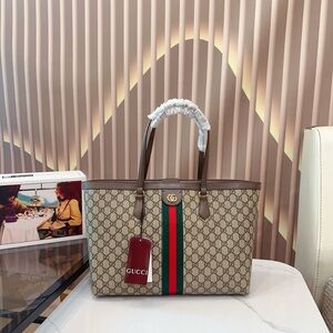 Gucci Beige and Brown Tote with Red and Green Stripe